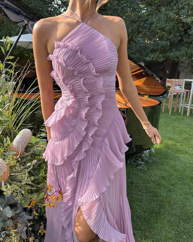 Women's Halter Neck Maxi Dress With Ruffle Across Front And Pleated Skirt Silhouette