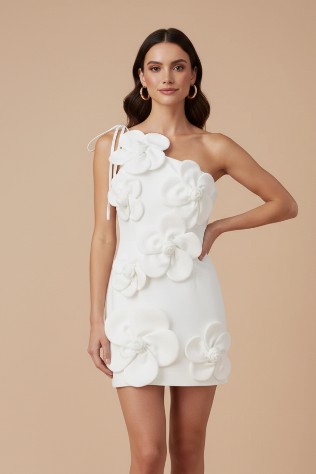 Women's Floral Mini Dress With Oversized 3D Appliqué Flowers, Strapless Bandeau Neckline, Tie Back Details