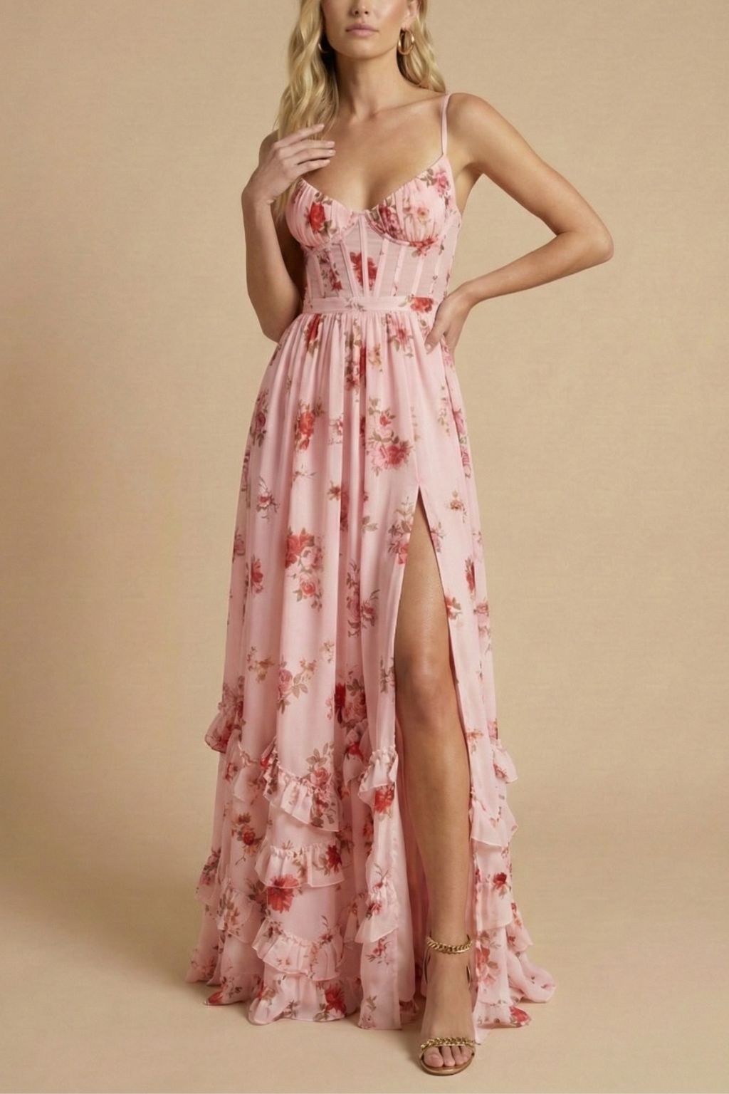 Women's Allover Floral Print Maxi Dress With Front Slit And Tie Waist For Modern Wardrobe