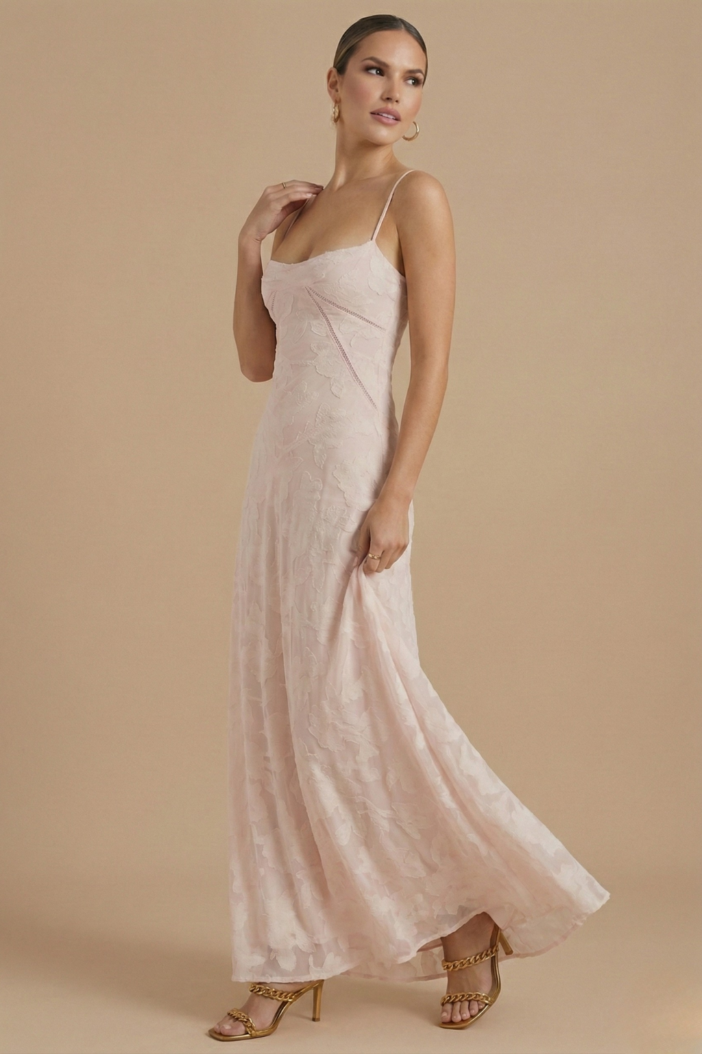 Women's Floral Maxi Dress With Spaghetti Strap And Lace Overlay At Sweetheart Neckline