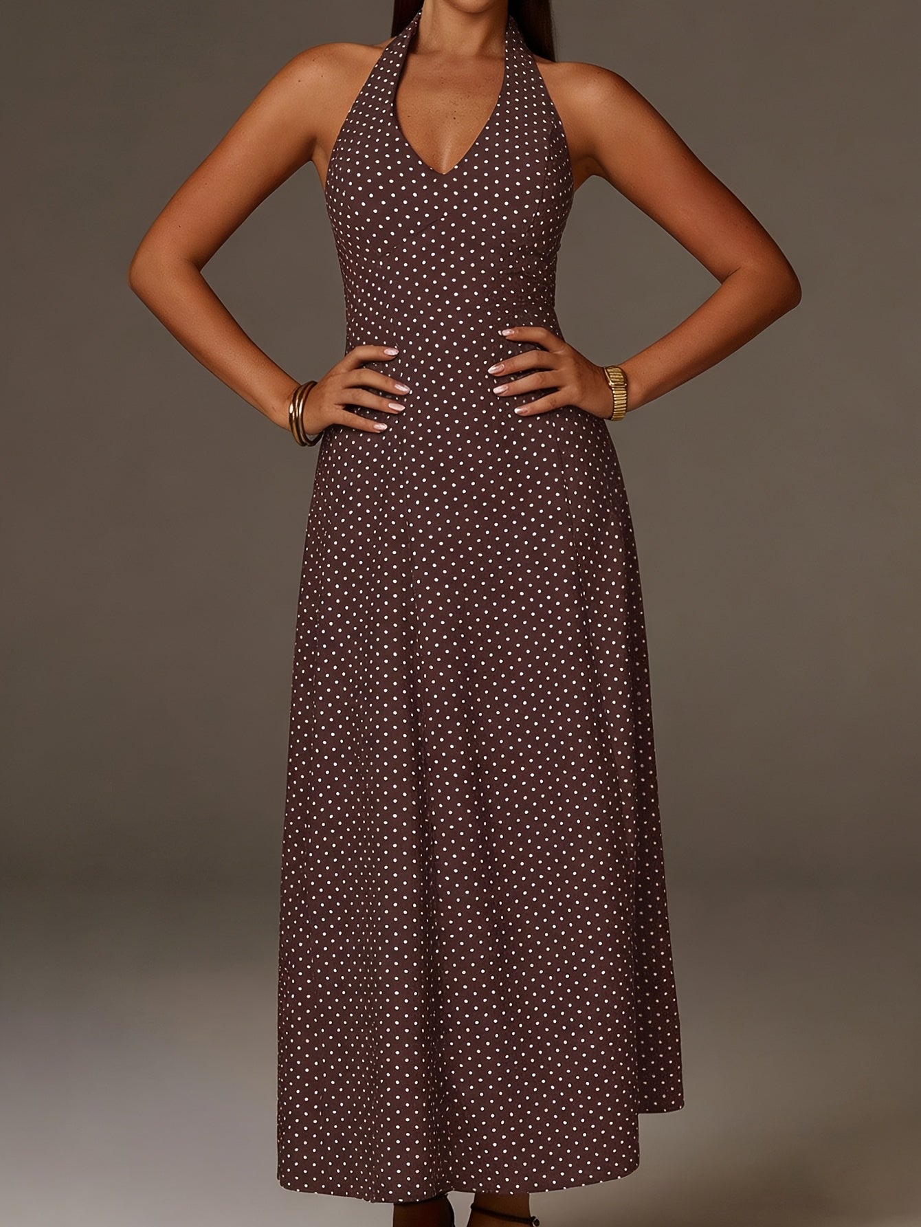 Coffee Polka Dot Halter Maxi Dress With Smocked Bodice And Deep V Neckline For Women