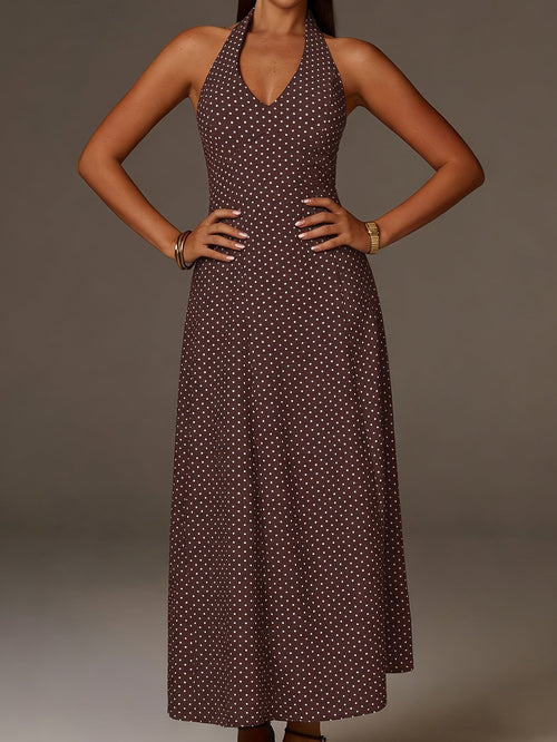Coffee Polka Dot Halter Maxi Dress With Smocked Bodice And Deep V Neckline For Women