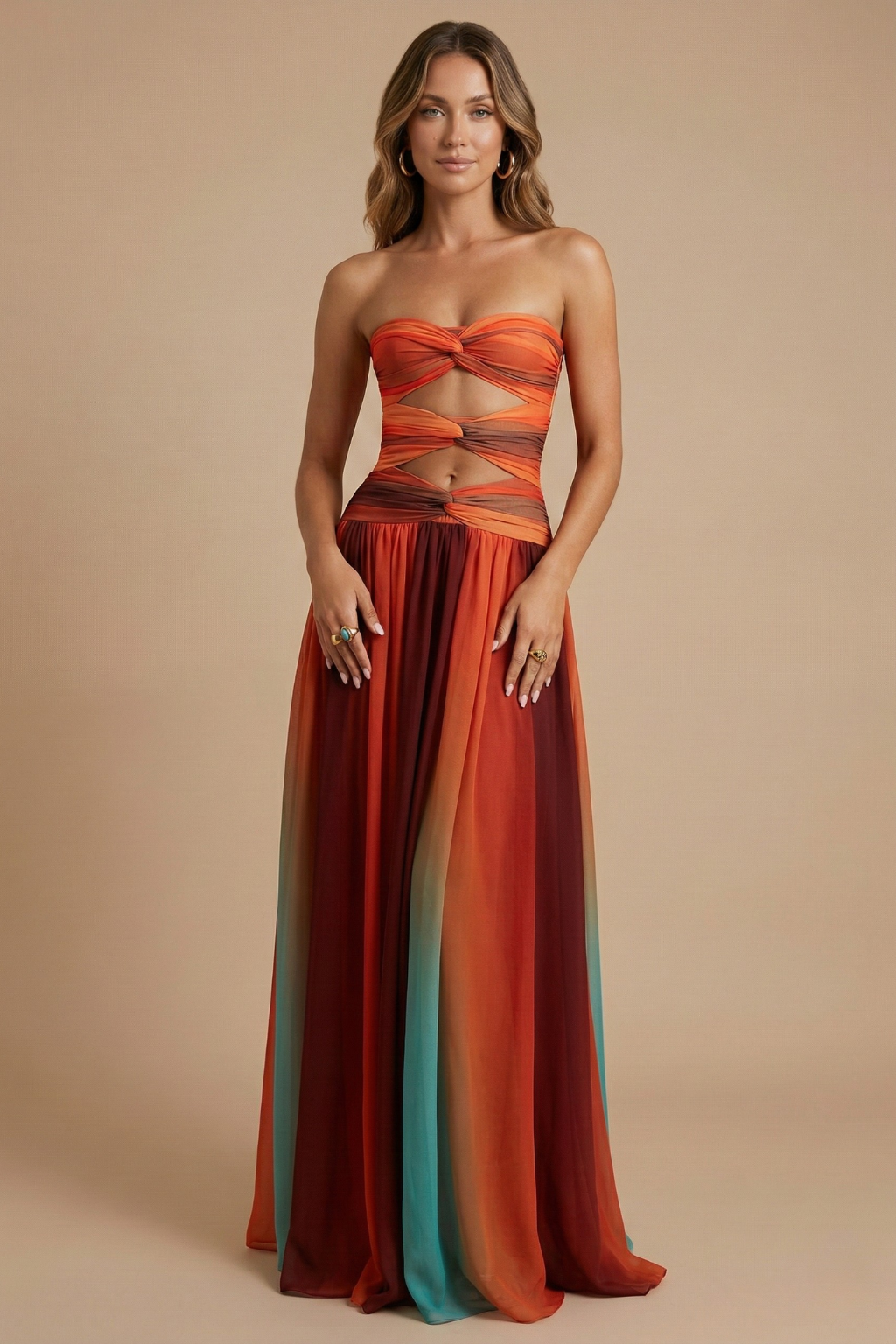 Women’s Cut-Out Bandeau Maxi Dress With Sheer Overlay And High Slit Silhouette