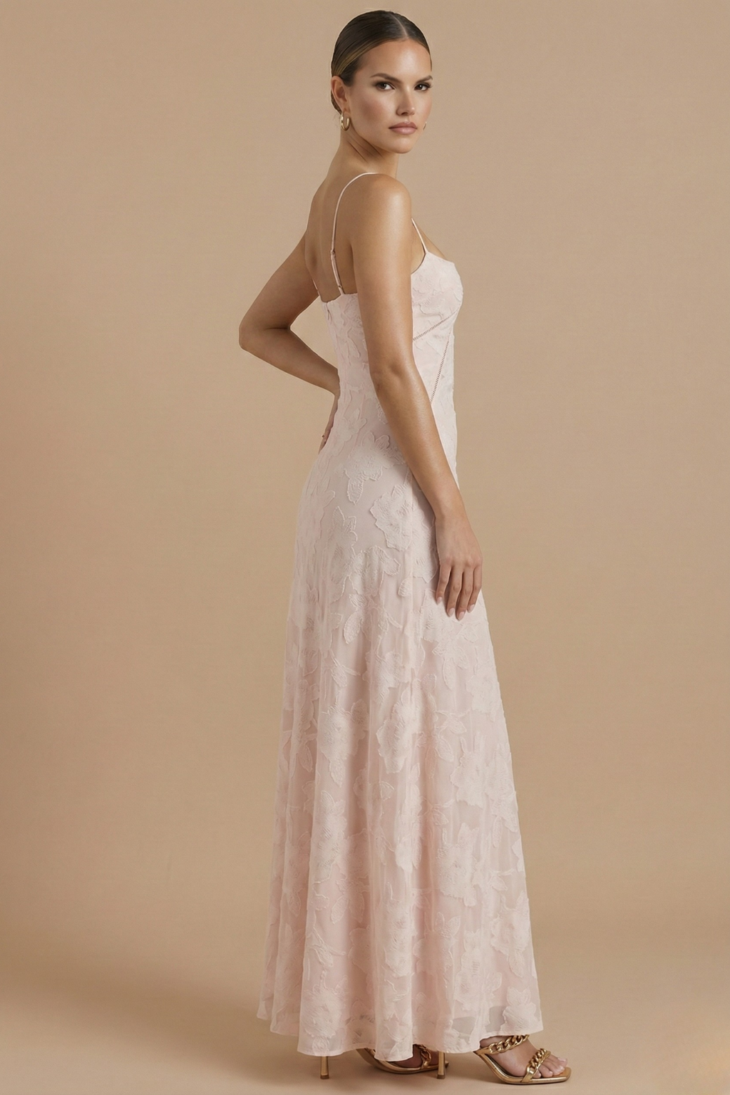 Women's Floral Maxi Dress With Spaghetti Strap And Lace Overlay At Sweetheart Neckline