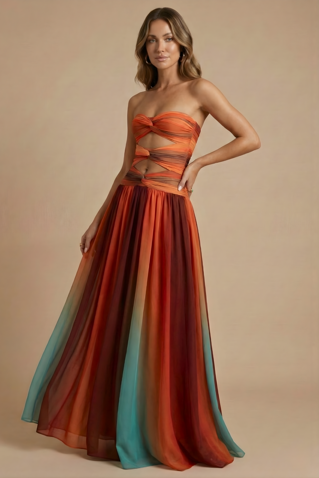 Women’s Cut-Out Bandeau Maxi Dress With Sheer Overlay And High Slit Silhouette