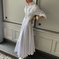 Women's White Drop-Waist Shirt Dress With Point Collar And Button Front Pleated A-Line Maxi