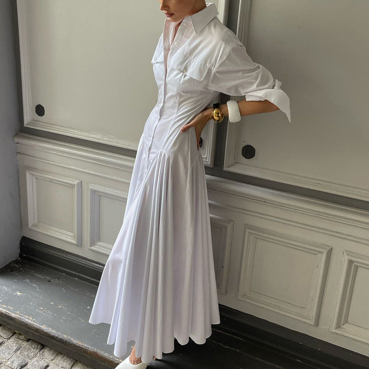 Women's White Drop-Waist Shirt Dress With Point Collar And Button Front Pleated A-Line Maxi