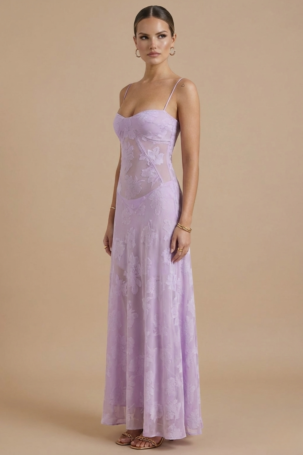 Women's Floral Maxi Dress With Spaghetti Strap And Lace Overlay At Sweetheart Neckline