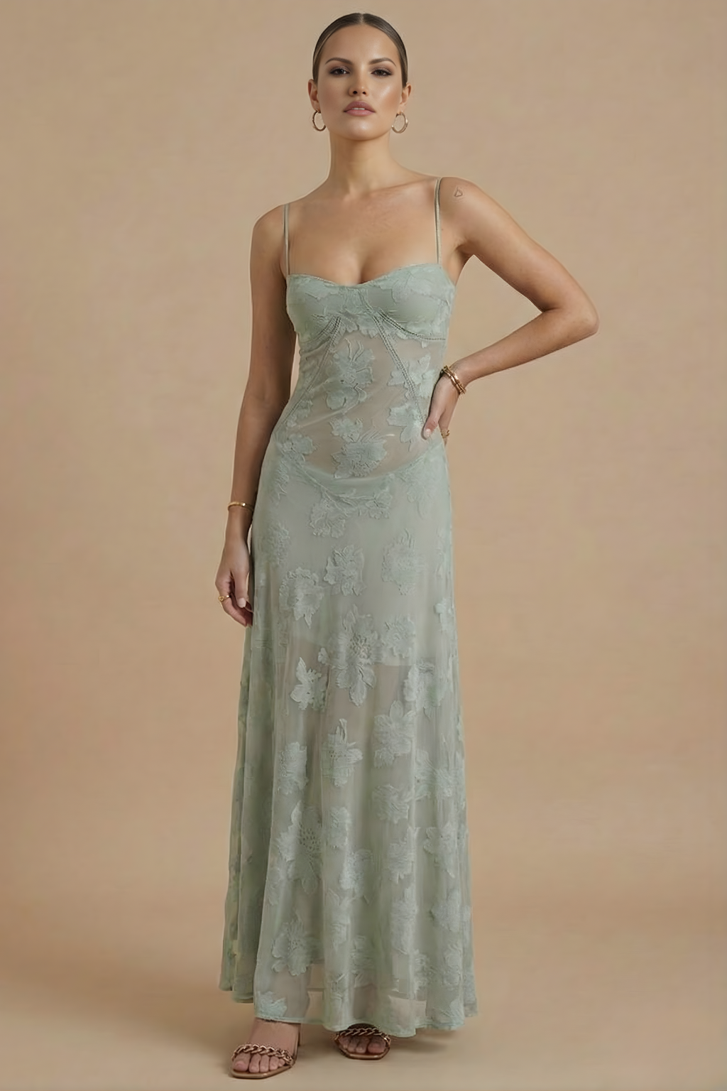 Women's Floral Maxi Dress With Spaghetti Strap And Lace Overlay At Sweetheart Neckline