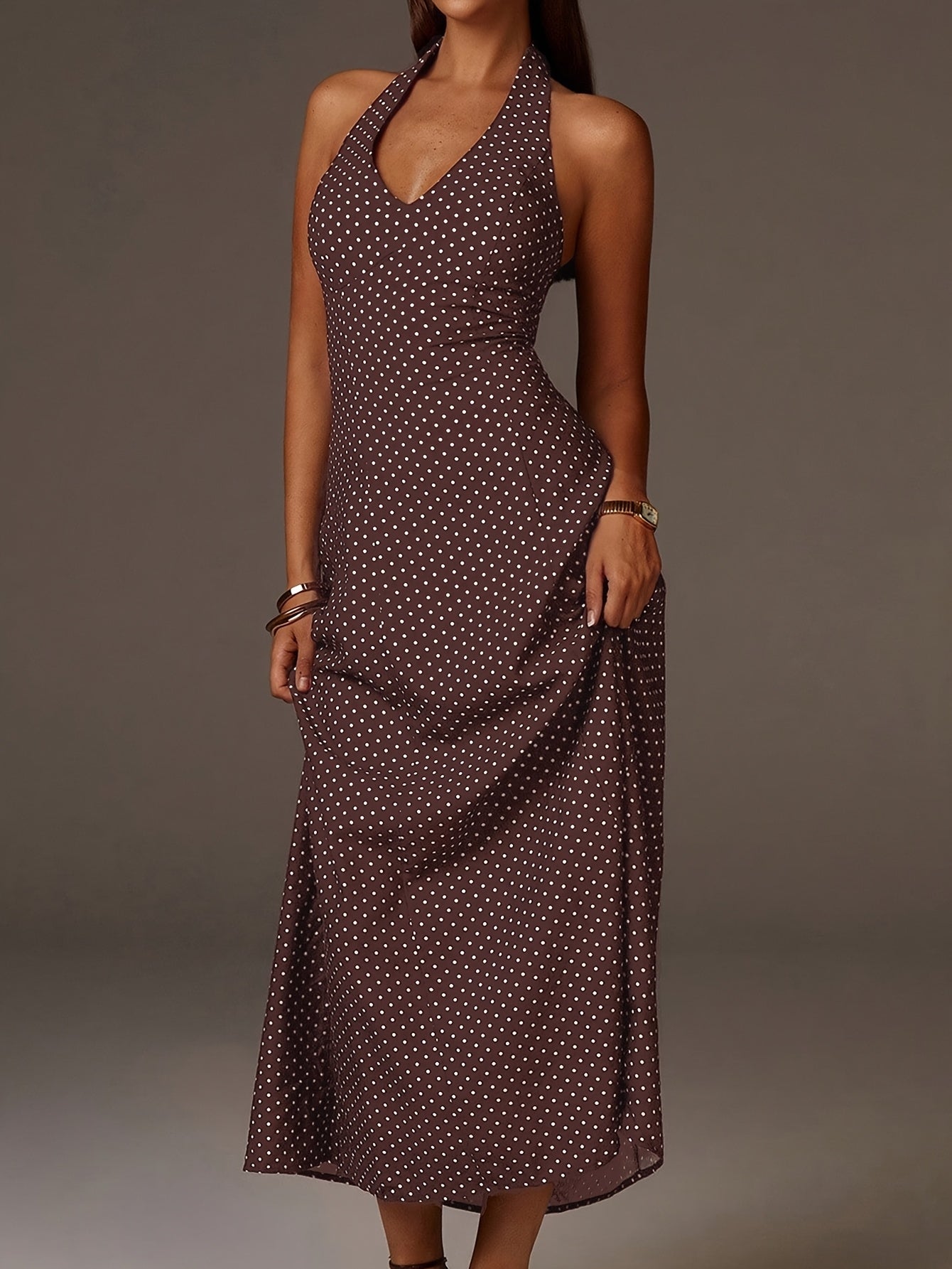 Coffee Polka Dot Halter Maxi Dress With Smocked Bodice And Deep V Neckline For Women
