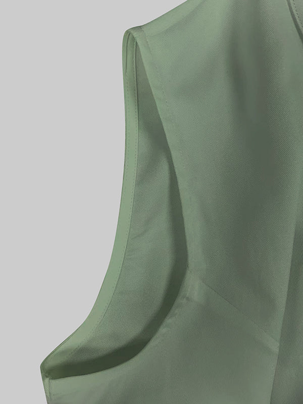 Sleeveless Maxi Dress With Stand Collar Exposed Front Zip Deep V-Neck Fitted Bodice And Full Skirt For Evening