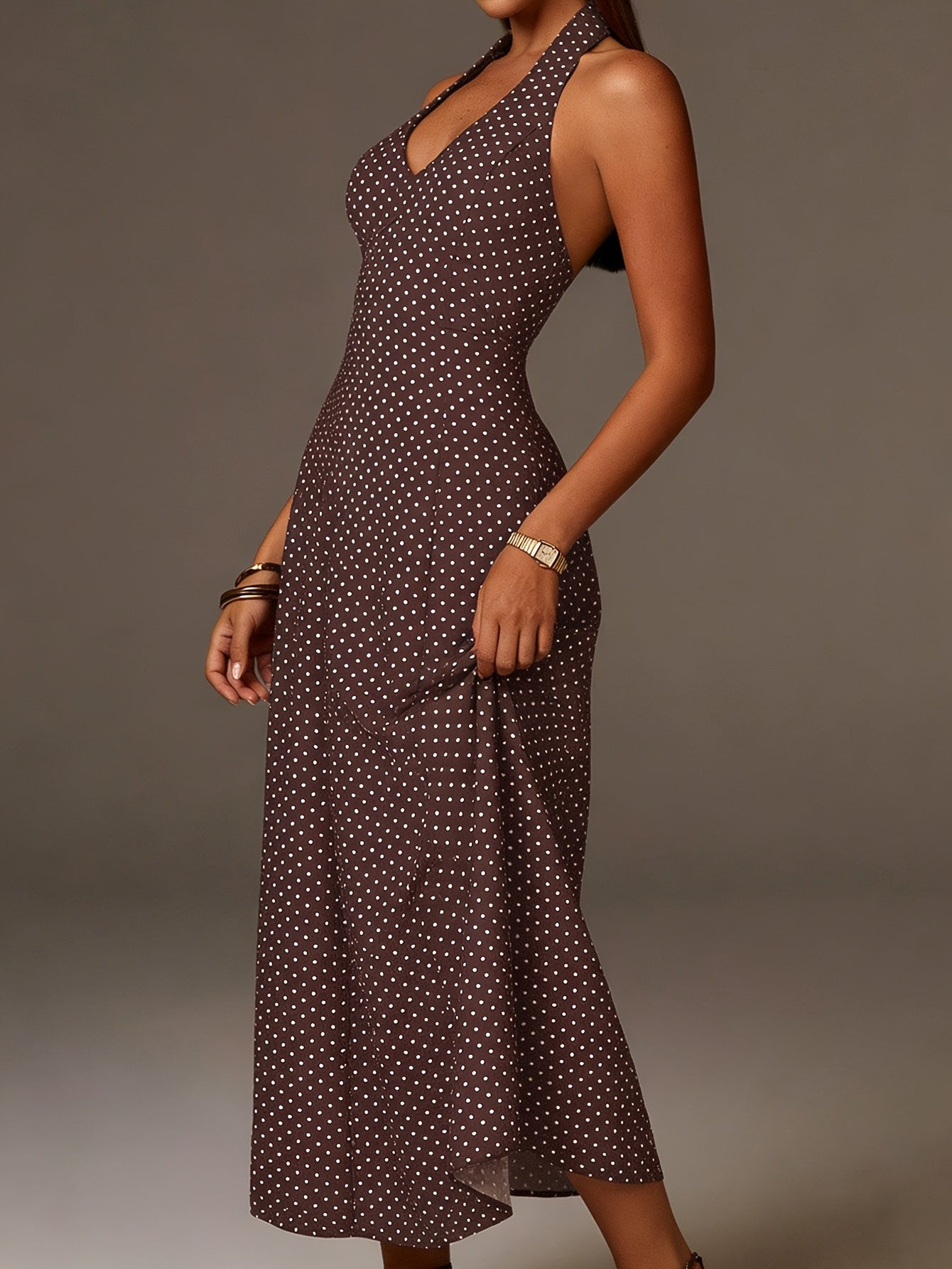 Coffee Polka Dot Halter Maxi Dress With Smocked Bodice And Deep V Neckline For Women