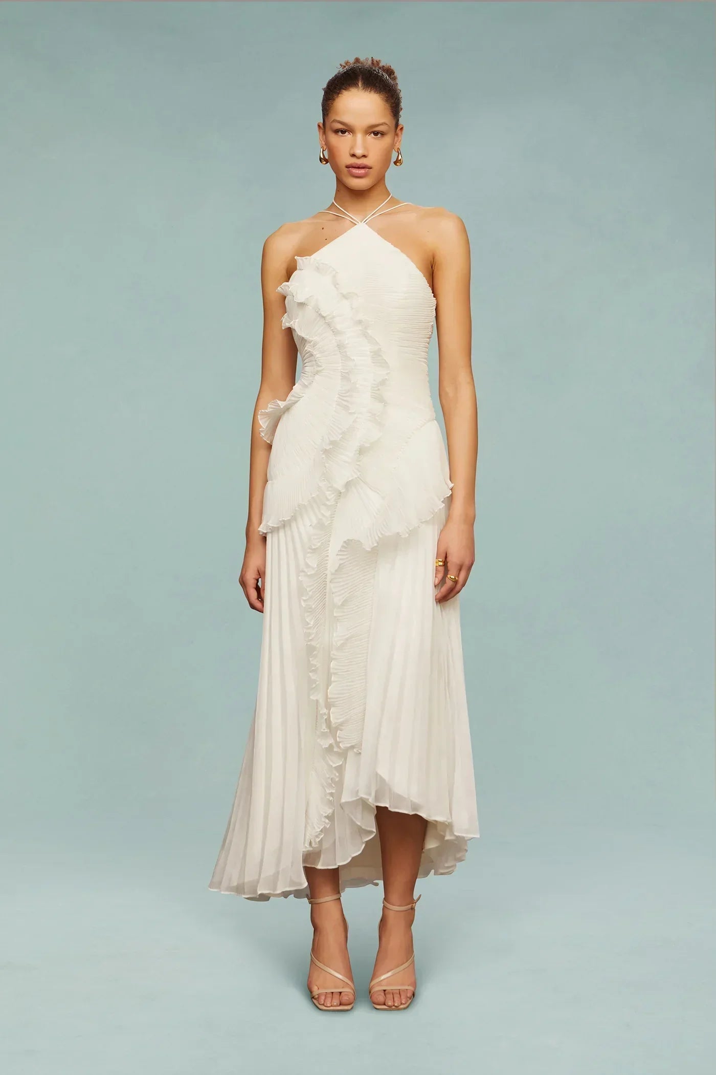 Women's Halter Neck Maxi Dress With Ruffle Across Front And Pleated Skirt Silhouette