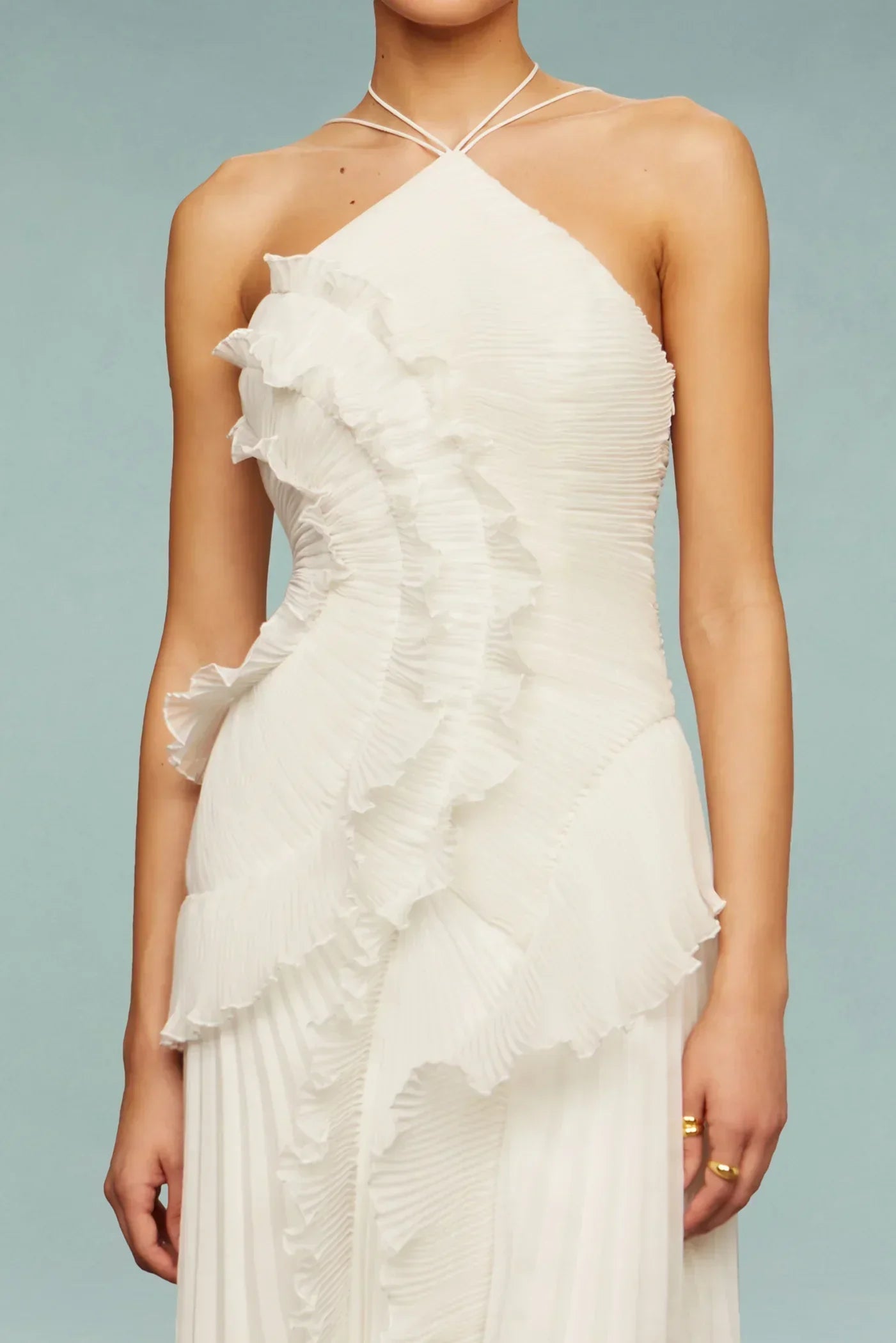 Women's Halter Neck Maxi Dress With Ruffle Across Front And Pleated Skirt Silhouette