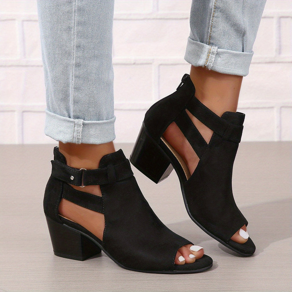 Women's Block Heel Sandals With Peep Toe, Cutout Ankle Design, And Buckle Strap