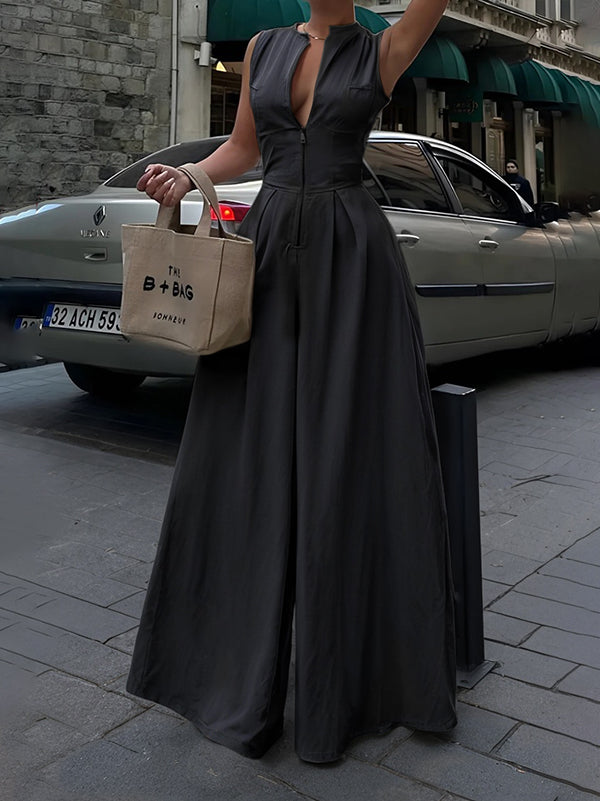 Sleeveless Maxi Dress With Stand Collar Exposed Front Zip Deep V-Neck Fitted Bodice And Full Skirt For Evening