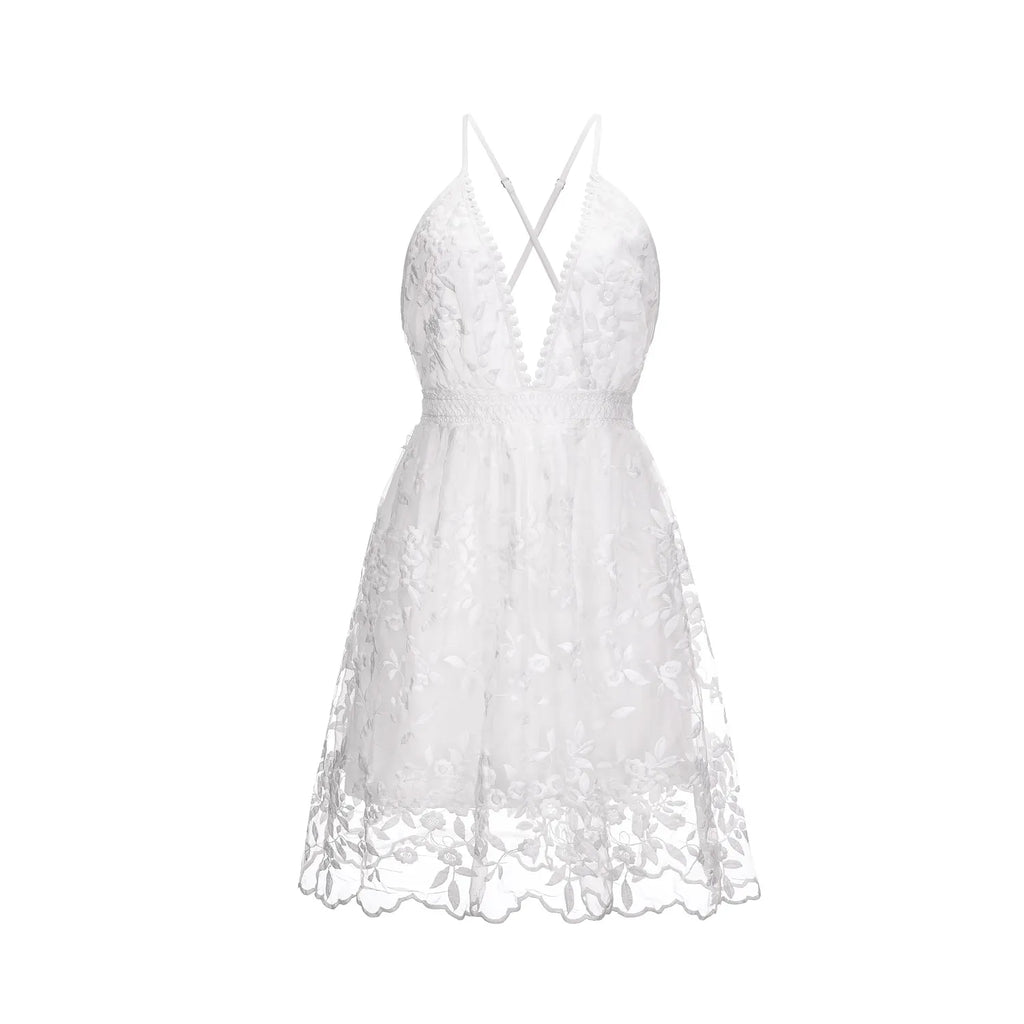 Women's Sleeveless Deep V-Neck Mini Dress With Floral Lace Overlay And Open Back, Scalloped Hem