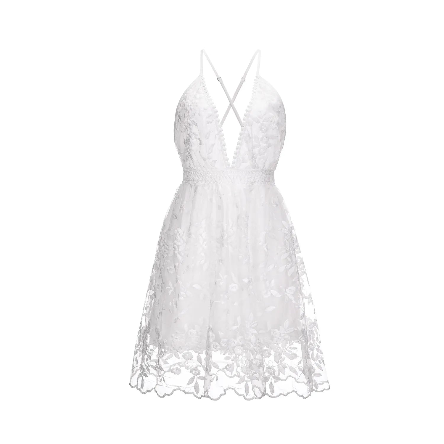 Women's Sleeveless Deep V-Neck Mini Dress With Floral Lace Overlay And Open Back, Scalloped Hem