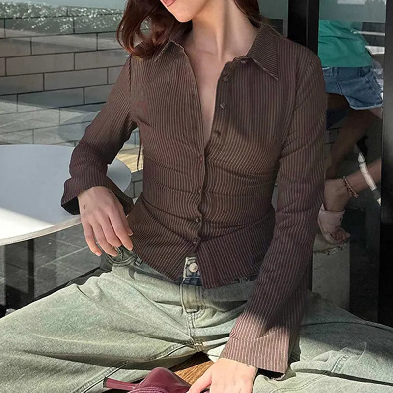 Women's Ribbed Stripe Button-Through Blouse With Long Flared Sleeve And Point Collar