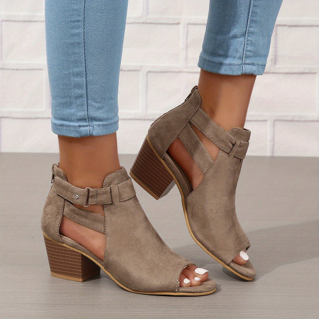 Women's Block Heel Sandals With Peep Toe, Cutout Ankle Design, And Buckle Strap
