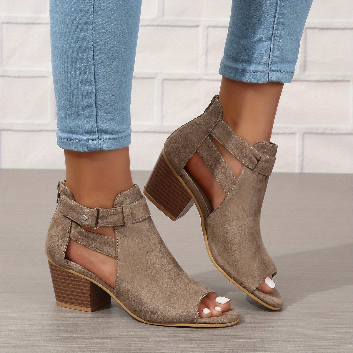 Women's Block Heel Sandals With Peep Toe, Cutout Ankle Design, And Buckle Strap