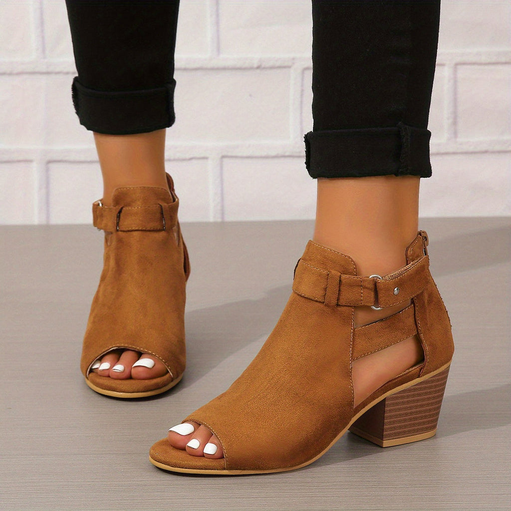 Women's Block Heel Sandals With Peep Toe, Cutout Ankle Design, And Buckle Strap