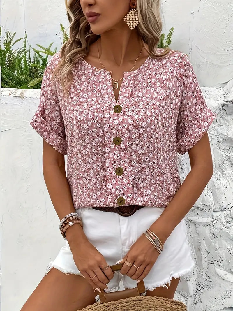 Floral Print Short Sleeve Button-Front Blouse For Women