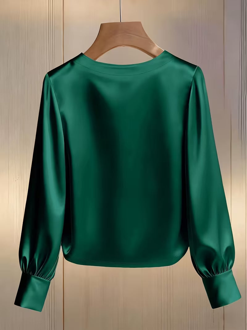 Elegant Embellished Satin Bishop Sleeve Blouse For Women With Pearl And Crystal Trim Details