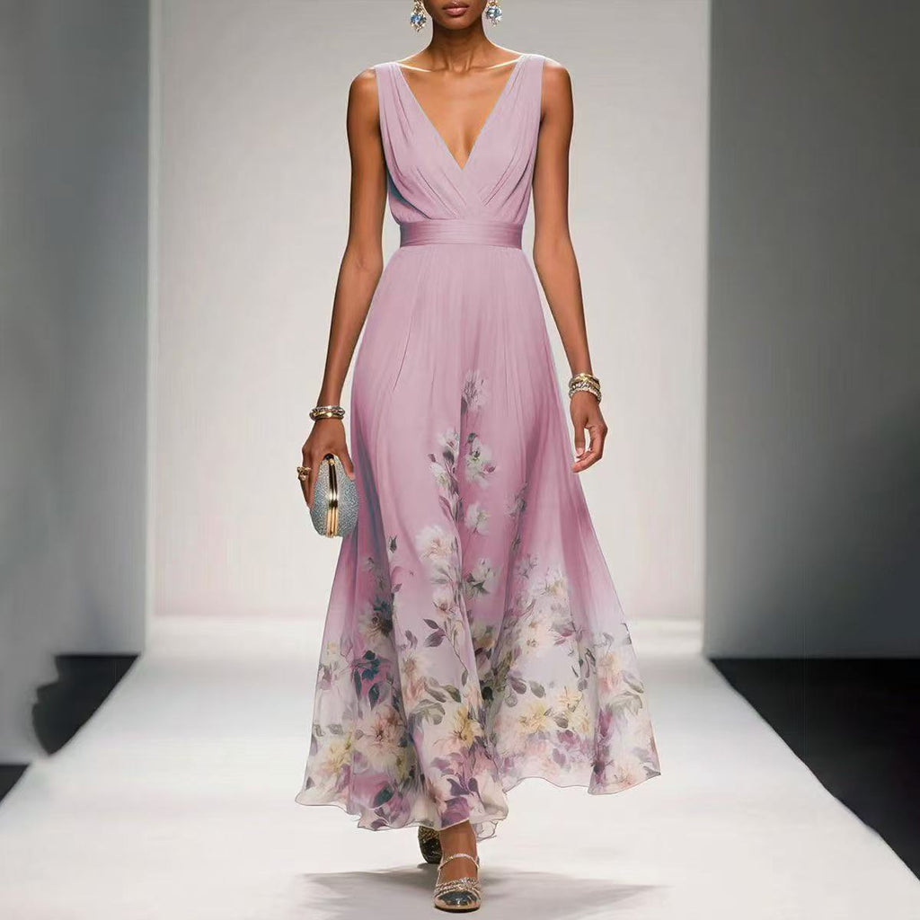 Women's Floral Border Print Sleeveless Maxi Dress With Deep V-Neck And Flowing A-Line Silhouette