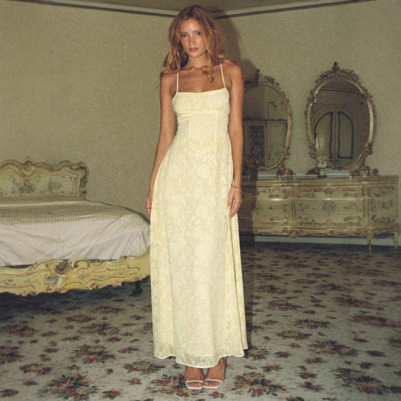 Women's Jacquard Floral Maxi Dress With Spaghetti Straps And Lace Up Back Style