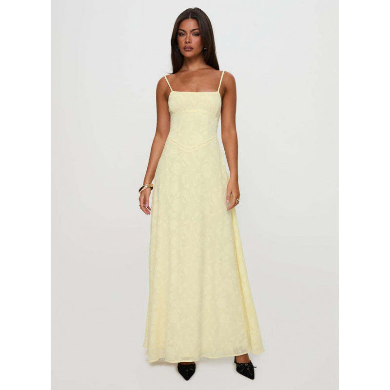 Women's Jacquard Floral Maxi Dress With Spaghetti Straps And Lace Up Back Style