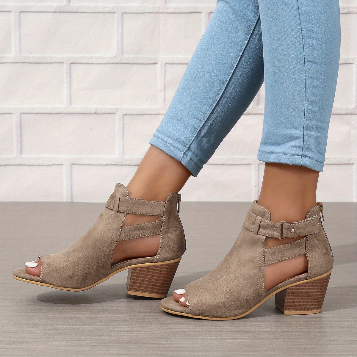 Women's Block Heel Sandals With Peep Toe, Cutout Ankle Design, And Buckle Strap