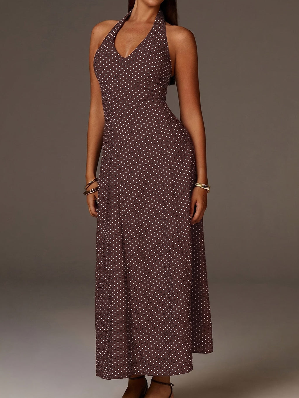 Coffee Polka Dot Halter Maxi Dress With Smocked Bodice And Deep V Neckline For Women