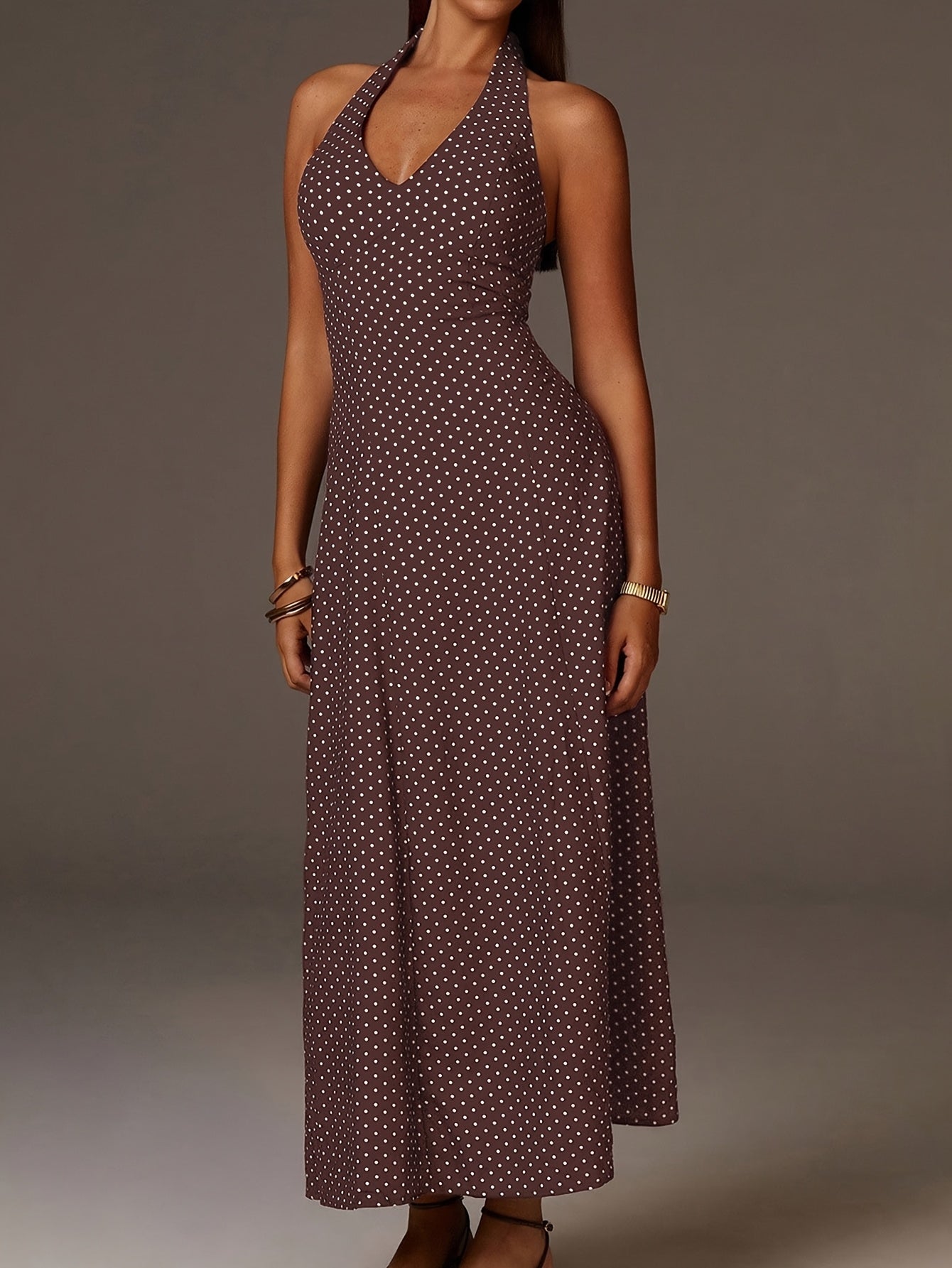Coffee Polka Dot Halter Maxi Dress With Smocked Bodice And Deep V Neckline For Women