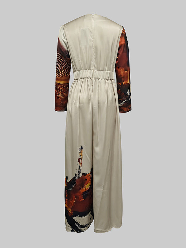 Women's Elegant Abstract Print Wrap Bodice Jumpsuit With Deep V-Neck And Wide-Leg Trousers For Evening