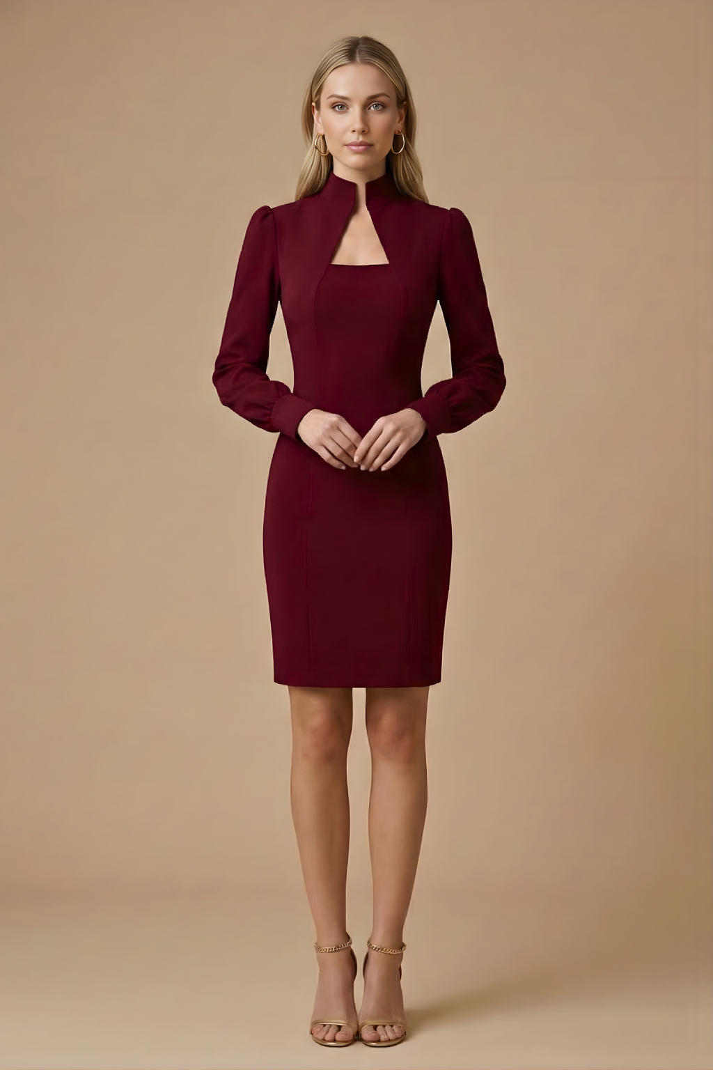 Figure-Hugging Mini Dress For Women With High Neck Cutout And Puff Long Sleeve Silhouette