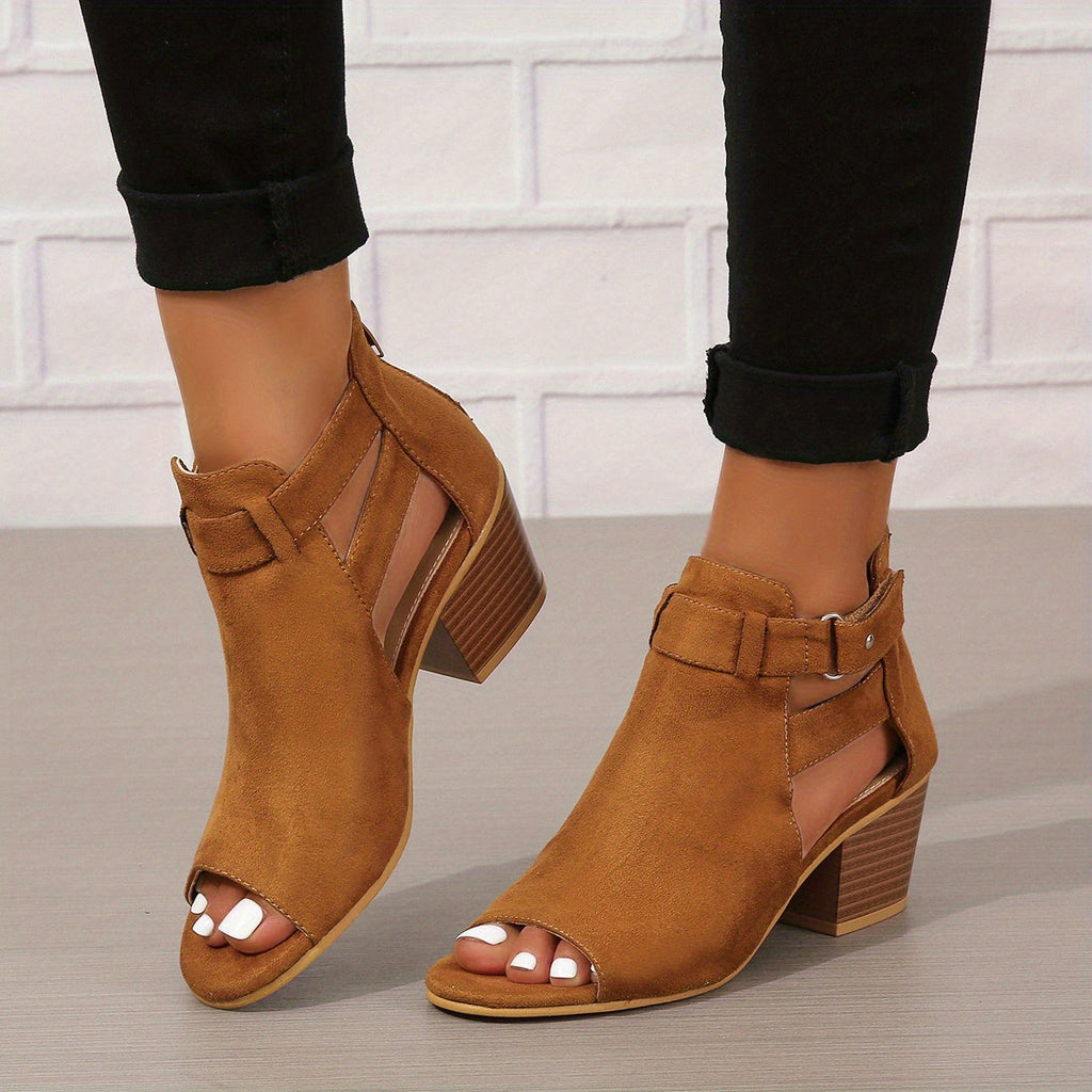 Women's Block Heel Sandals With Peep Toe, Cutout Ankle Design, And Buckle Strap