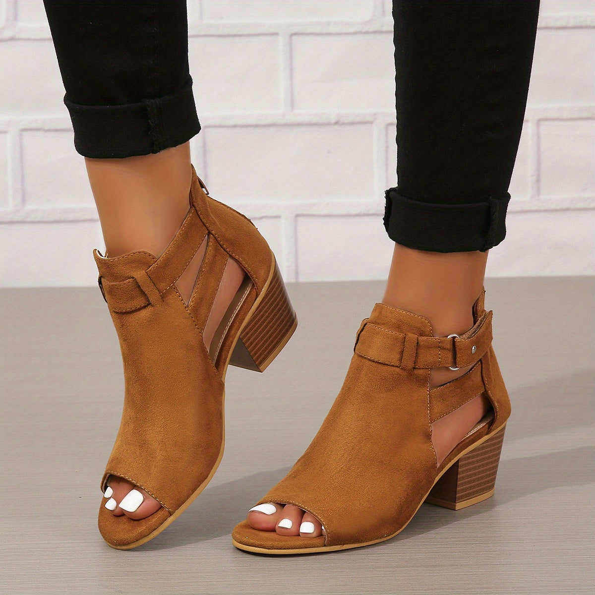 Women's Block Heel Sandals With Peep Toe, Cutout Ankle Design, And Buckle Strap