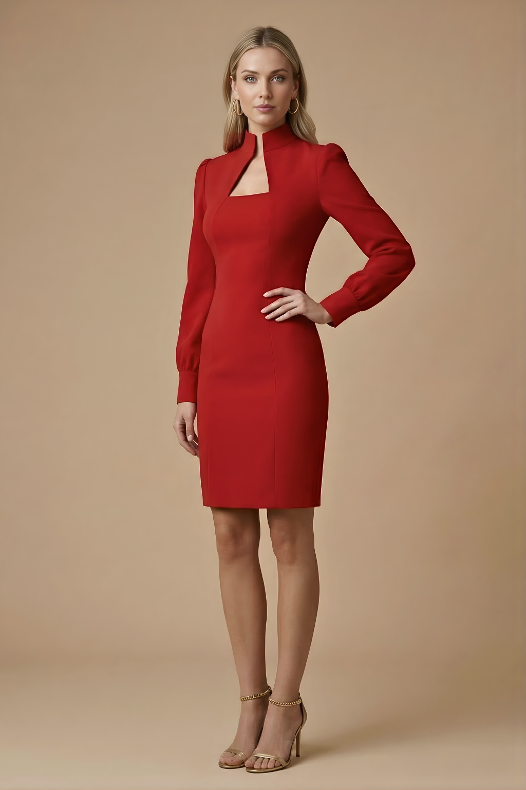 Figure-Hugging Mini Dress For Women With High Neck Cutout And Puff Long Sleeve Silhouette