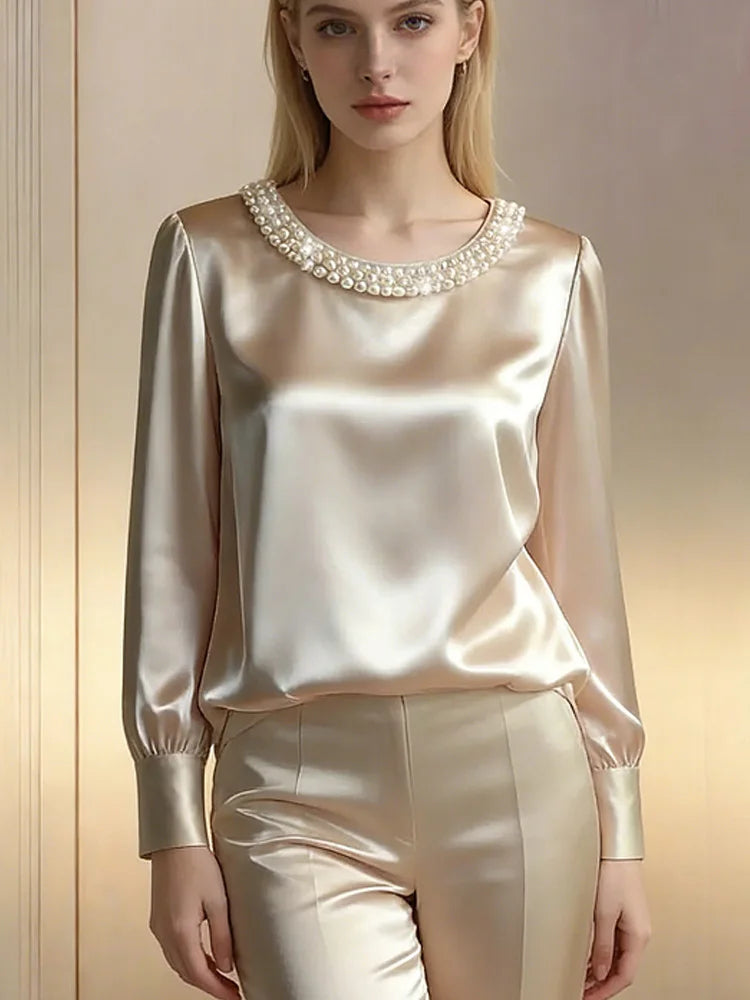 Elegant Embellished Satin Bishop Sleeve Blouse For Women With Pearl And Crystal Trim Details