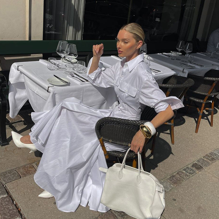 Women's White Drop-Waist Shirt Dress With Point Collar And Button Front Pleated A-Line Maxi