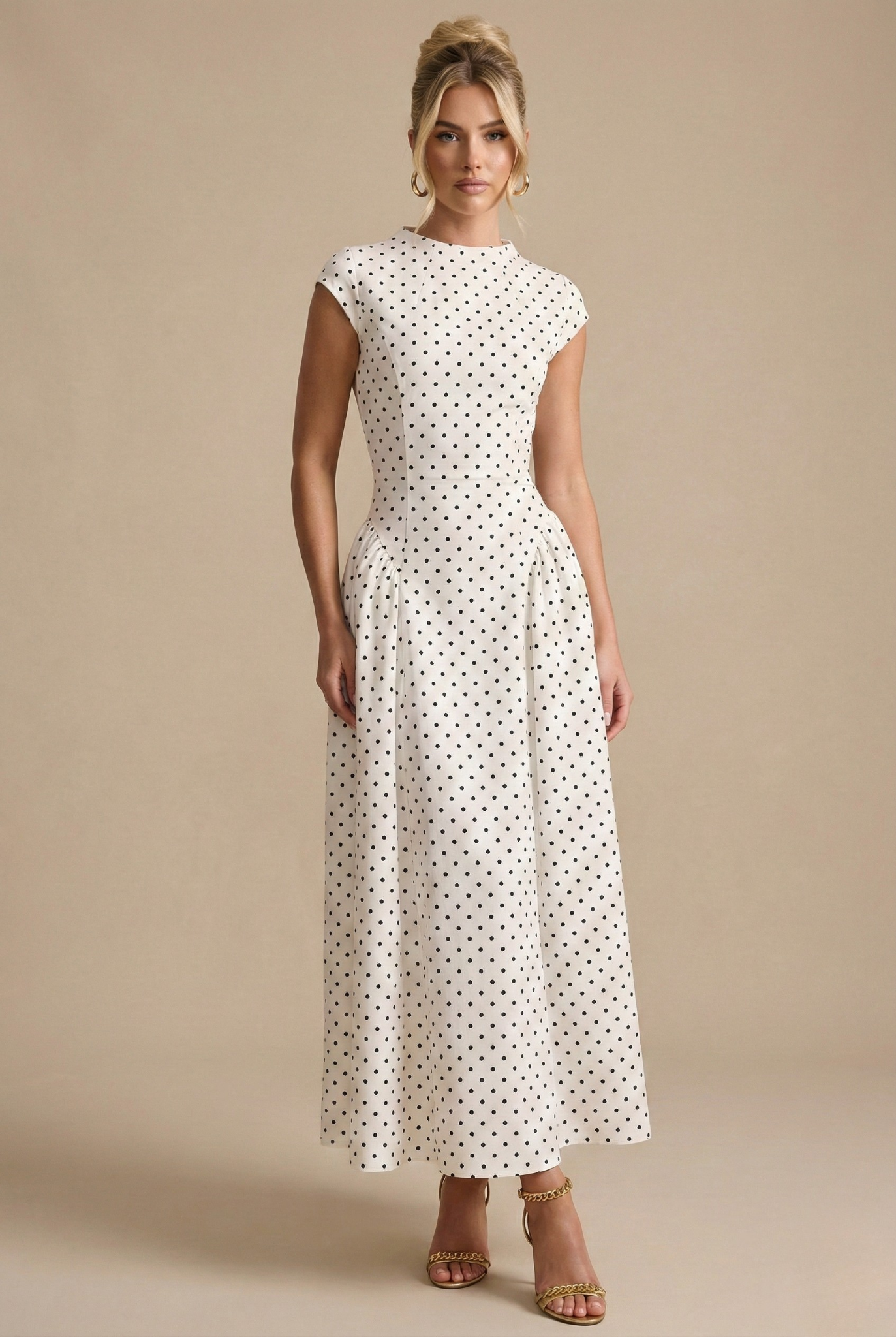 Polka Dot Maxi Dress For Women With High Neck And Cap Sleeves, Full Pleated Skirt For Elegant Occasions