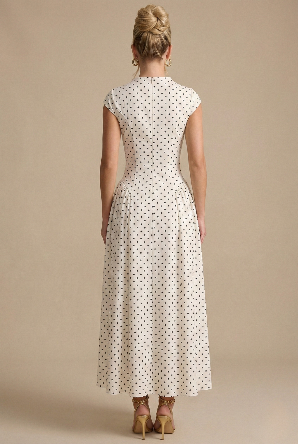 Polka Dot Maxi Dress For Women With High Neck And Cap Sleeves, Full Pleated Skirt For Elegant Occasions