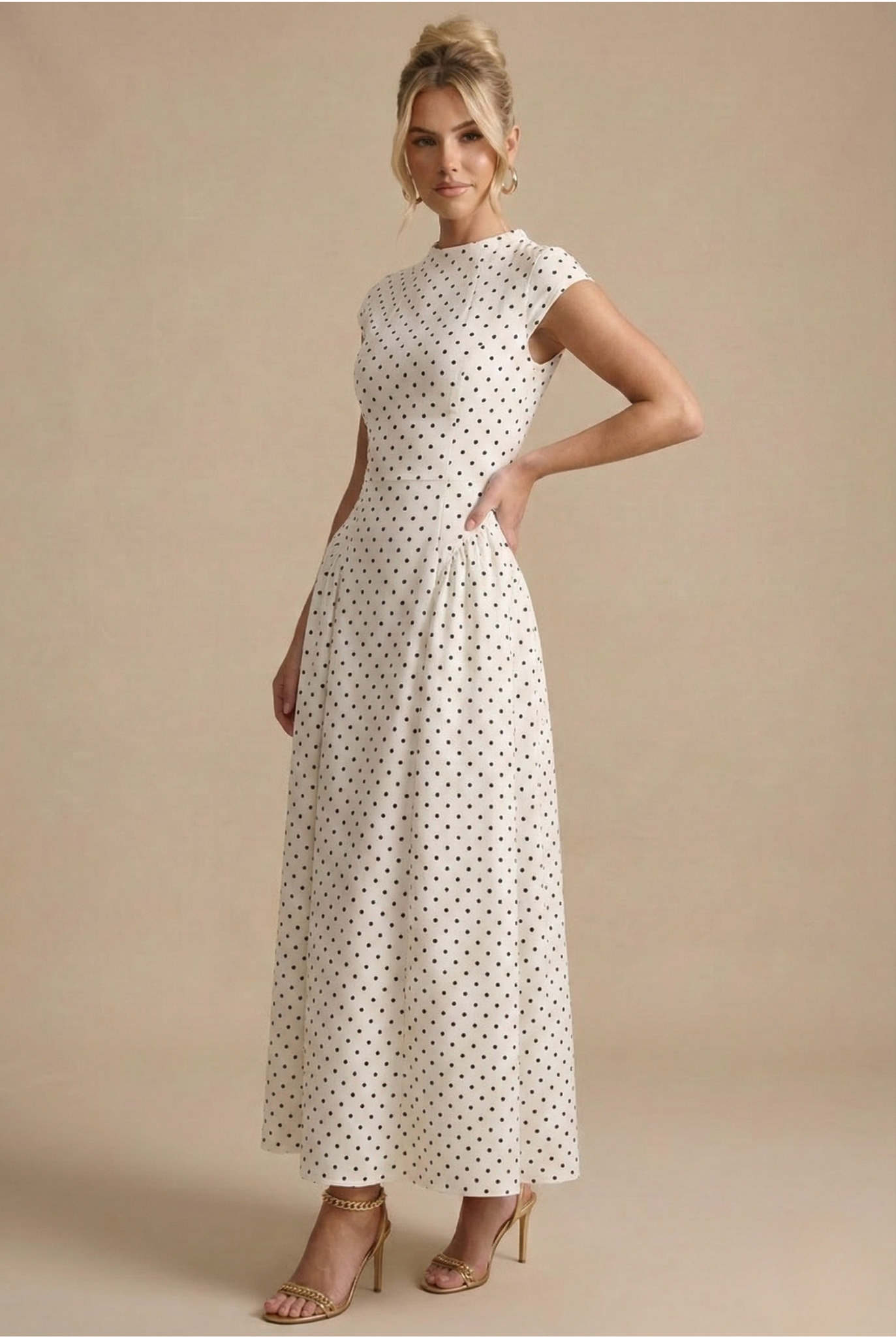 Polka Dot Maxi Dress For Women With High Neck And Cap Sleeves, Full Pleated Skirt For Elegant Occasions