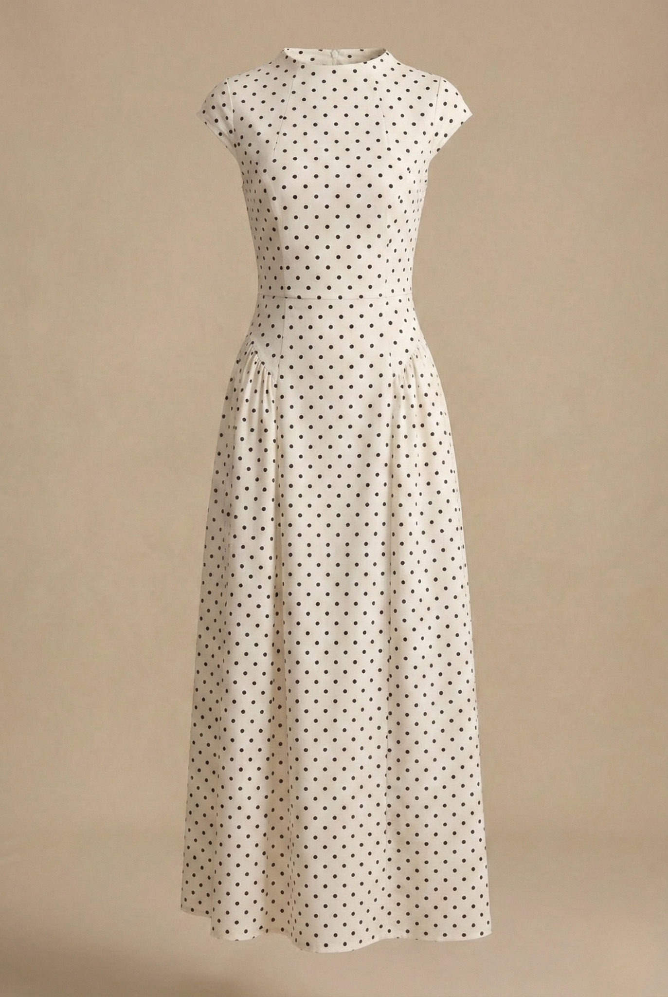 Polka Dot Maxi Dress For Women With High Neck And Cap Sleeves, Full Pleated Skirt For Elegant Occasions
