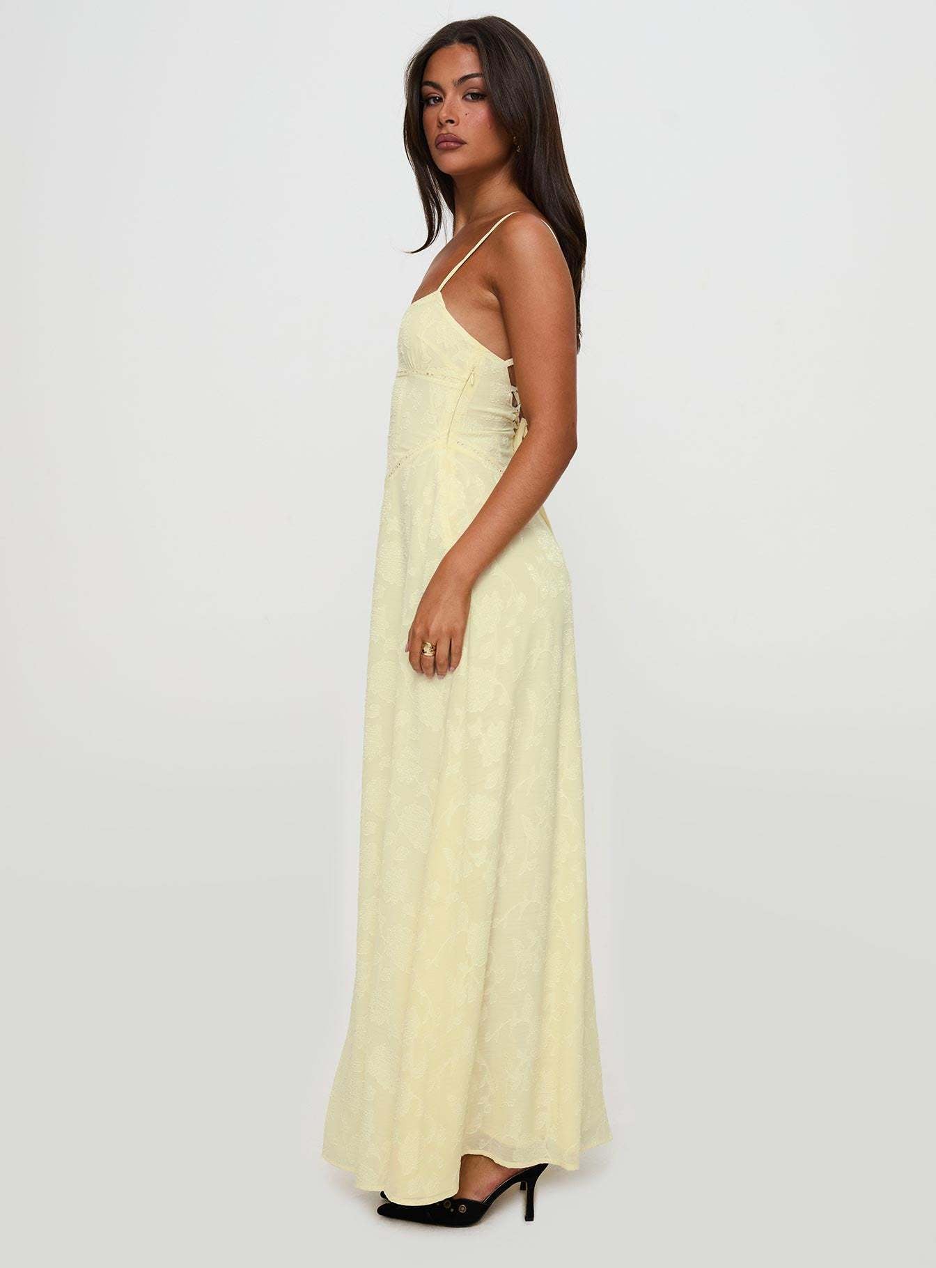 Women's Jacquard Floral Maxi Dress With Spaghetti Straps And Lace Up Back Style