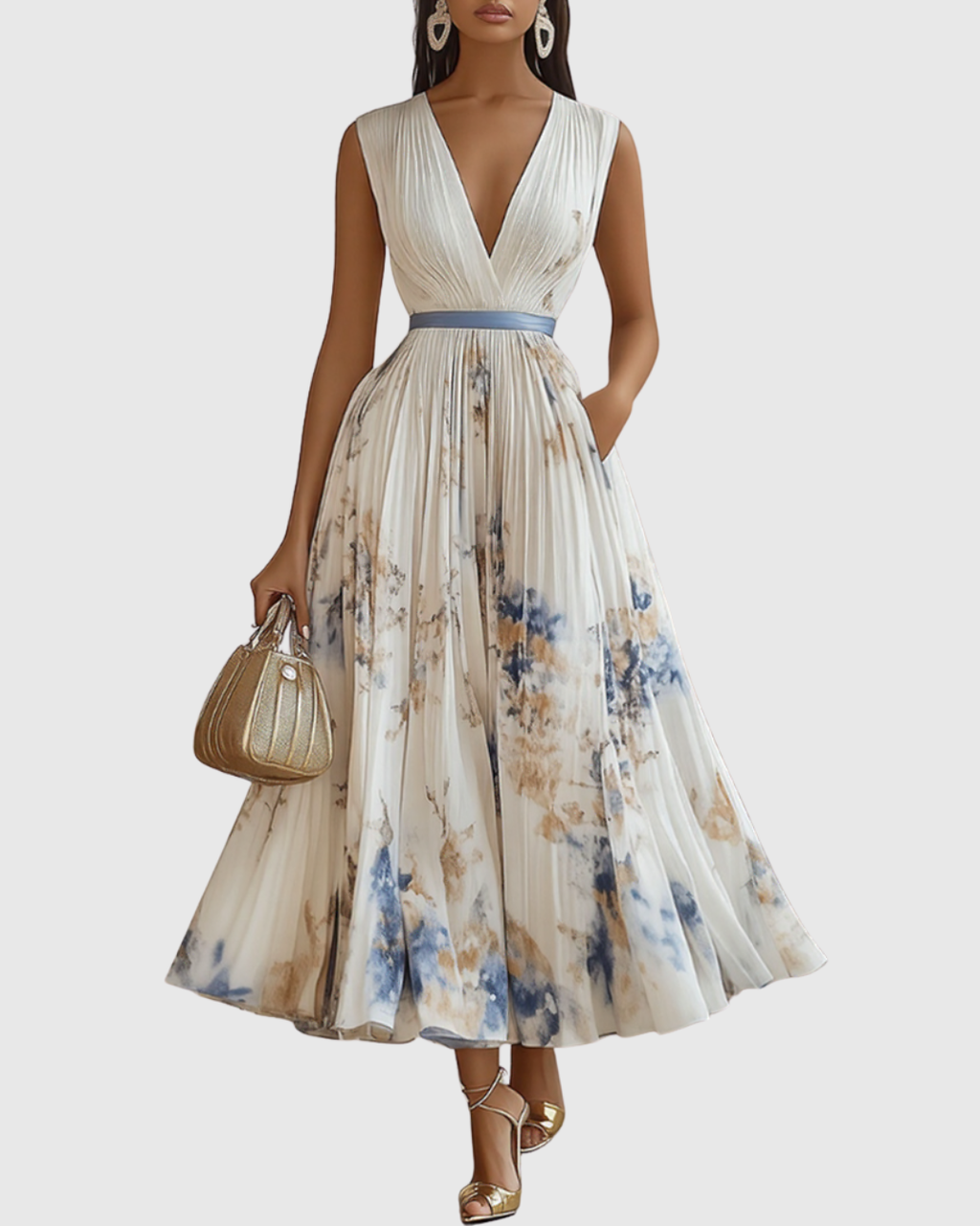 Women's Sleeveless Pleated Maxi Dress With V Neck and Waistband, Classic Maxi Silhouette