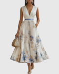 Women's Sleeveless Pleated Maxi Dress With V Neck and Waistband, Classic Maxi Silhouette