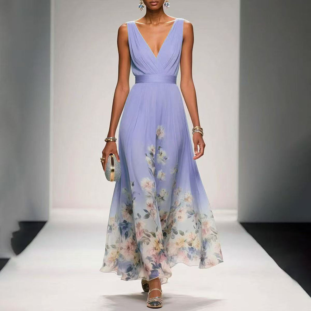 Women's Floral Border Print Sleeveless Maxi Dress With Deep V-Neck And Flowing A-Line Silhouette