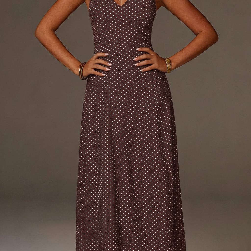 Coffee Polka Dot Halter Maxi Dress With Smocked Bodice And Deep V Neckline For Women